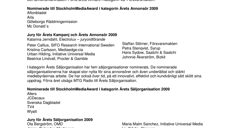 StockholmMediaAward 2009: Vem blir Årets Annonsör och Årets Säljorganisation?
