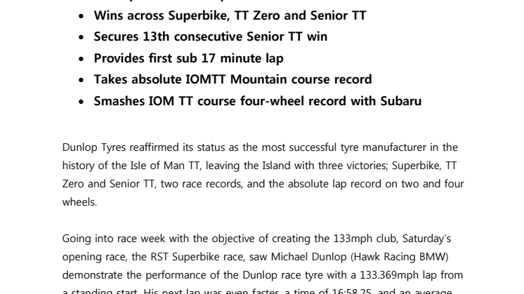 Dunlop achieves its 2016 Isle of Man TT objectives