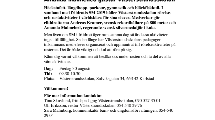 Pressinbjudan: Friidrottsstjärnorna Andreas Kramer och Amanda Malmehed gästar Västerstrandsskolan 