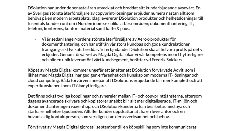 DSolution expanderar genom köp av Magda Digital 