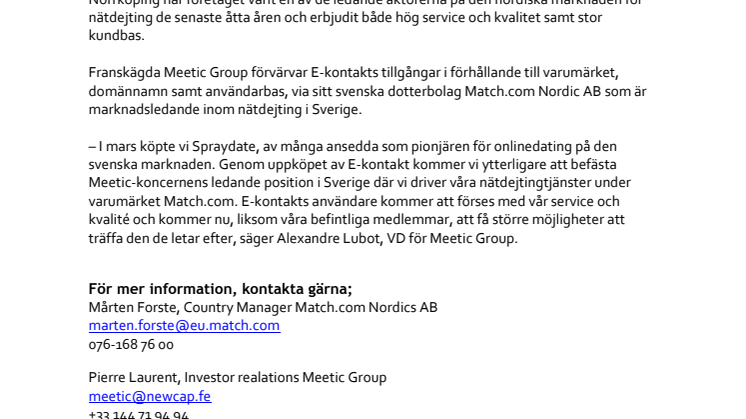 Meetic köper E-kontakt i Sverige, Norge och Danmark