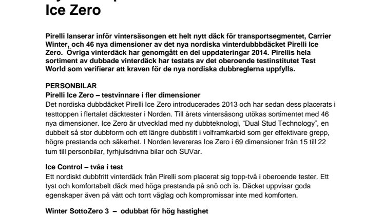 Pirellis vinterdäcknyheter 2014: Nytt transportdäck och fler dimensioner Ice Zero
