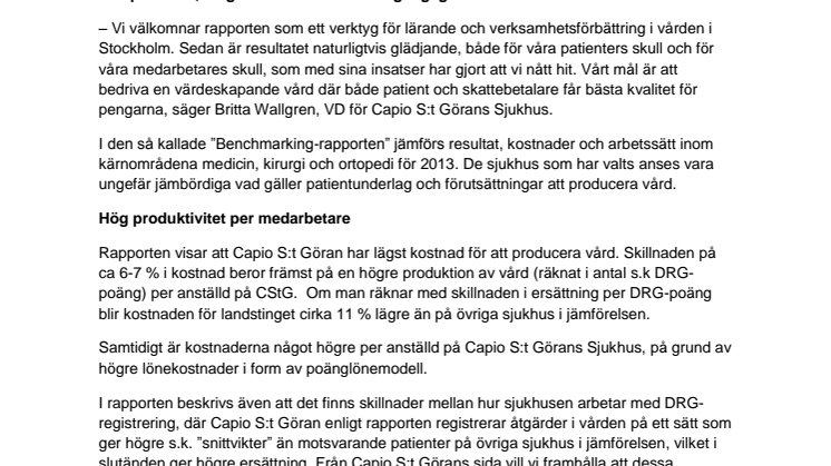 Gott resultat för Capio S:t Göran när SLL jämför akutsjukhus