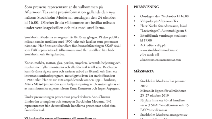 INBJUDAN TILL PRESSVISNING Stockholm Moderna, 24 oktober 2019, Nacka Strandsmässan