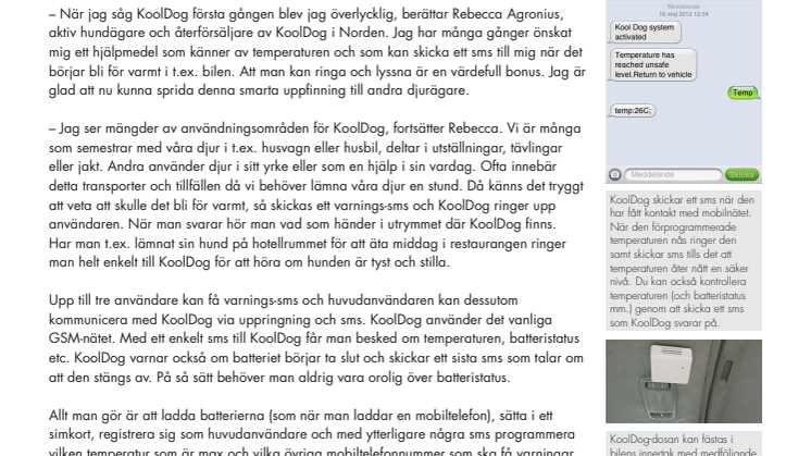 KoolDog varnar med sms och uppringning när det blir för varmt där djuret är