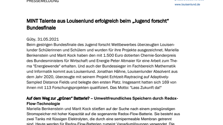 PRESSEMITTEILUNG: MINT Talente aus Louisenlund erfolgreich beim „Jugend forscht“ Bundesfinale