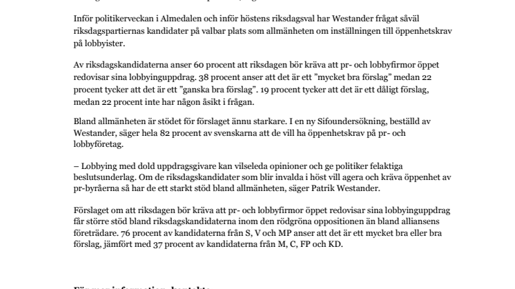 Sex av tio riksdagskandidater vill kräva öppenhet av lobbyfirmor