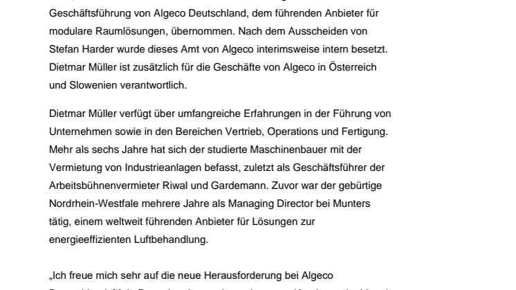 Dietmar Müller ist neuer Geschäftsführer von Algeco Deutschland