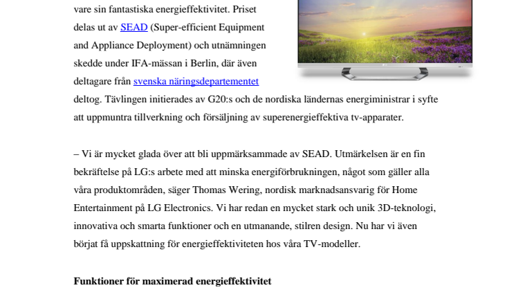 LG PRISAS FÖR EUROPAS MEST ENERGIEFFEKTIVA TV