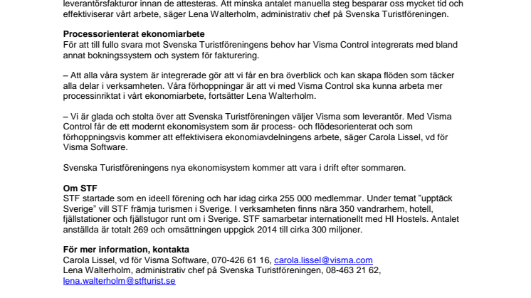 Svenska Turistföreningen väljer ekonomisystem från Visma