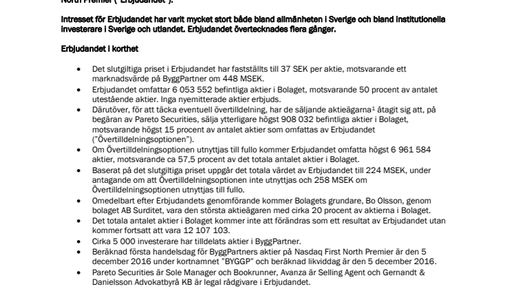 ByggPartner offentliggör utfallet av erbjudandet i samband med notering på Nasdaq First North Premier