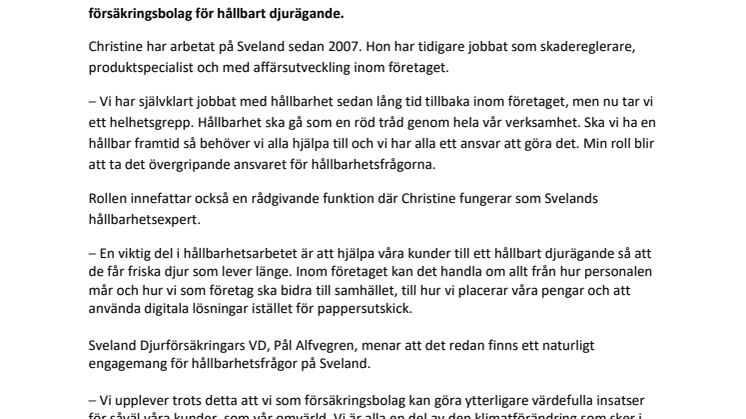 Sveland Djurförsäkringar satsar på hållbarhetsarbetet och utser Christine Ehrlander till ny hållbarhetschef
