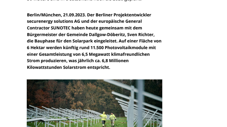 Pressemitteilung: Baustart für 6,5 Megawatt Solarpark in der Gemeinde Dallgow-Döberitz in Brandenbrug