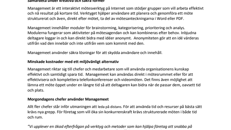Managemeet.com - Sveriges första kostnadsfria mötestjänst för chefer 