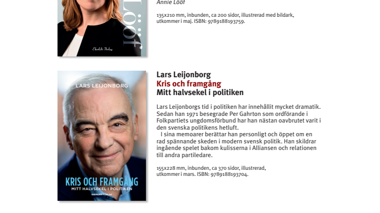 Böcker av eller om Annie Lööf, Lars Leijonborg, Birgit Nilsson, Larry Leksell och Lars Wohlin i vårutgivningen