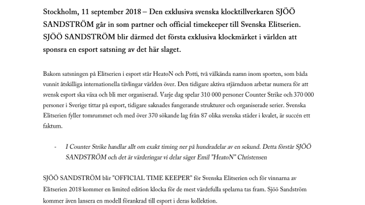 SJÖÖ SANDSTRÖM – PARTNER TILL SVENSKA ELITSERIEN I ESPORT