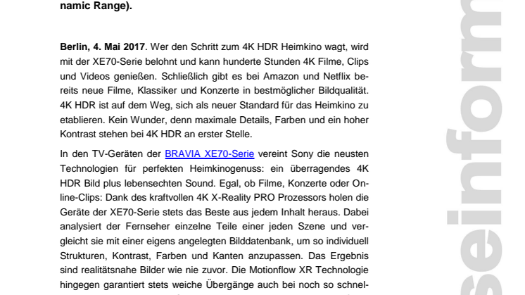 BRAVIA XE70-Serie: neue 4K HDR Fernseher von Sony