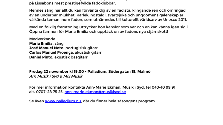 Maria Emilia – ett av fadons nya stjärnskott på Palladium Malmö 22 november