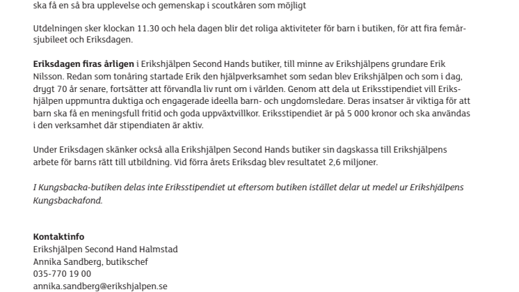 Erikshjälpen i Halmstad jubilerar och delar ut stipendium