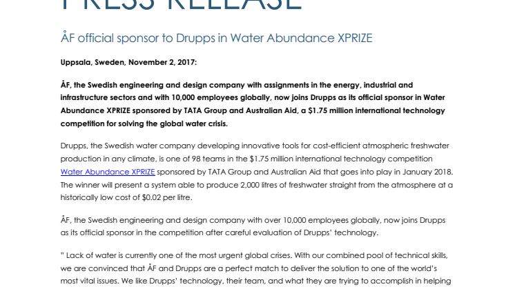 ÅF official sponsor to Drupps in Water Abundance XPRIZE