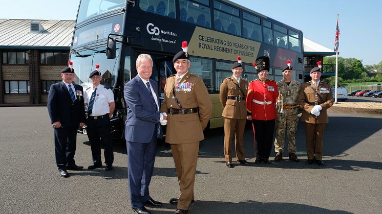 L-R Drivers Michael Sparkes & Stephen Lowery. GNE's MD Kevin Carr with Major Gary Jones. Captain Matt Mackinder- Jonas - Adjutant, Staff Sergeant Richard Stacey, Captain Darren Robinson & Regimental Sergeant Major Kevin Douglas.