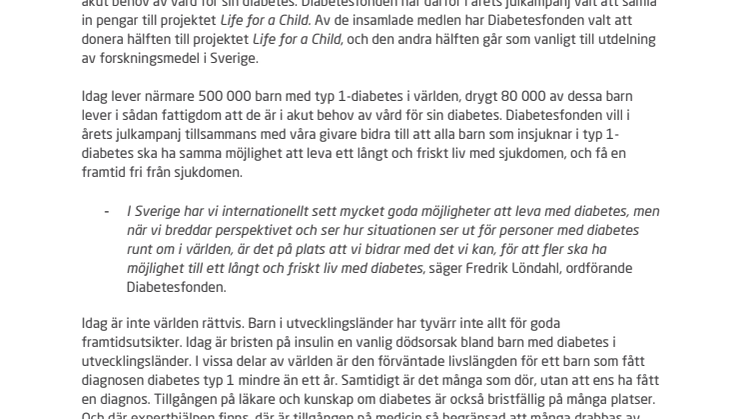 Diabetesfonden initierar en julinsamling för att inget barn ska behöva dö av diabetes