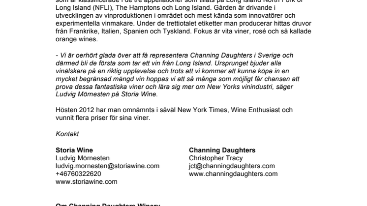 Storia Wine representerar Channing Daughters Winery från Long Island