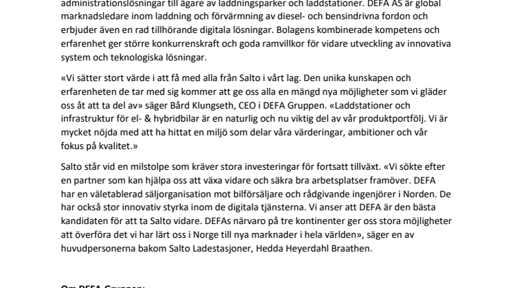 DEFA AS köper Salto Ladestasjoner AS 