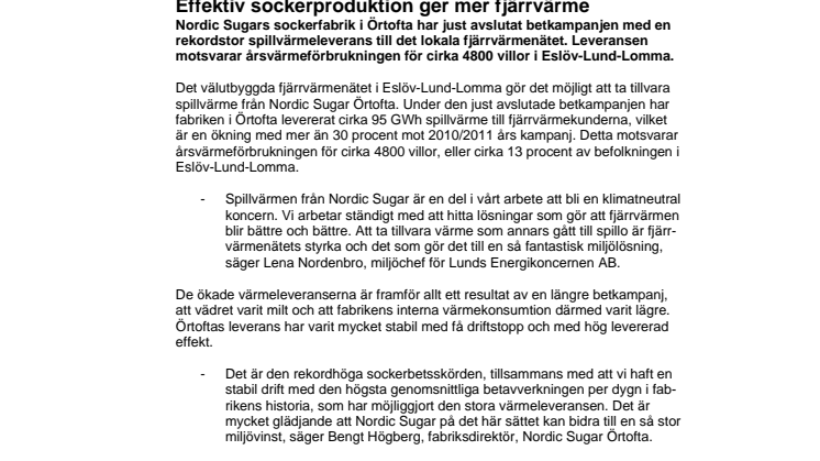 Effektiv sockerproduktion ger mer fjärrvärme
