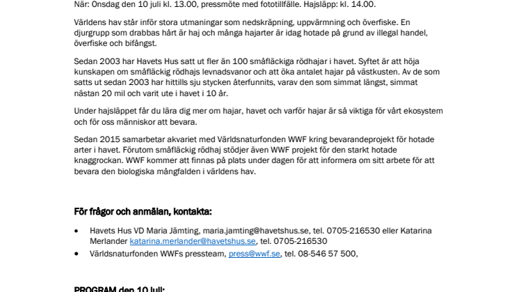 Pressinbjudan: Havets Hus och Världsnaturfonden WWF bjuder in till Hajsläpp den 10 juli