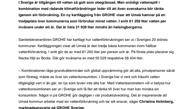 GROHEs Vattenbarometer: Umeå tar brons i hållbar vattenförbrukning  
