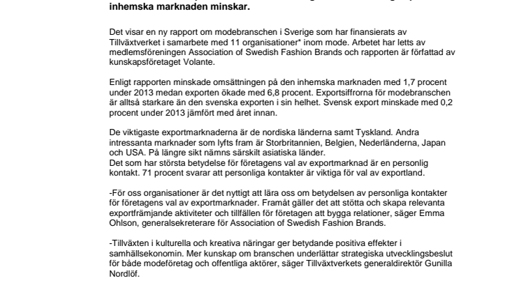 Modebranschens tillväxt drivs av export 