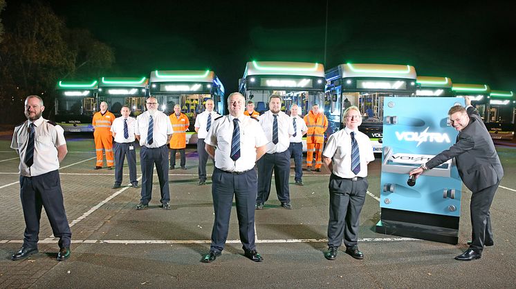 Go North East managing director Martijn Gilbert flipping the switch on Voltra alongside driving and engineering colleagues