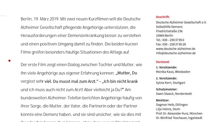 „Demenz verstehen“ – zwei neue Filme der Deutschen Alzheimer Gesellschaft gehen online
