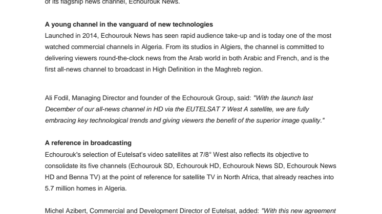 EUTELSAT 7 West A satellite takes Echourouk News to Algerian viewers in High Definition