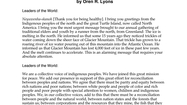 The Ice is Melting in the North: Statement to the UN Peace Summit, August 28-31, 2000, by Oren R. Lyons