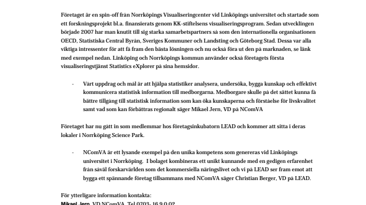 Nytt statistikvisualisering företag med stora kunder till LEAD i Norrköping