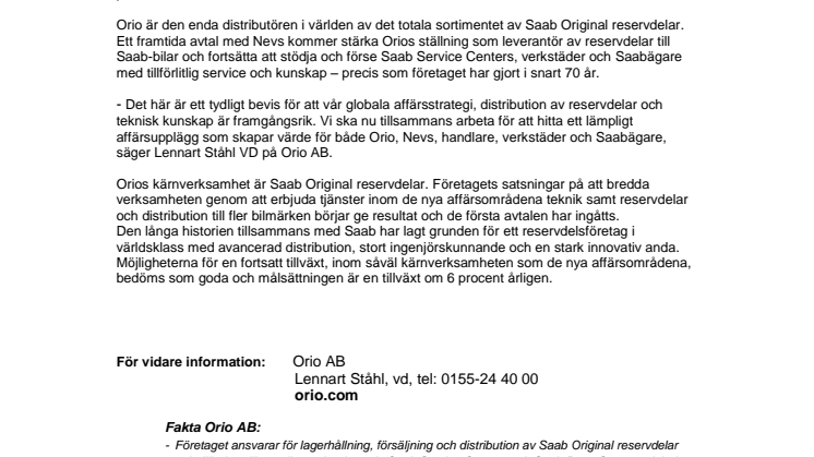 Orio har tecknat en avsiktsförklaring med Nevs