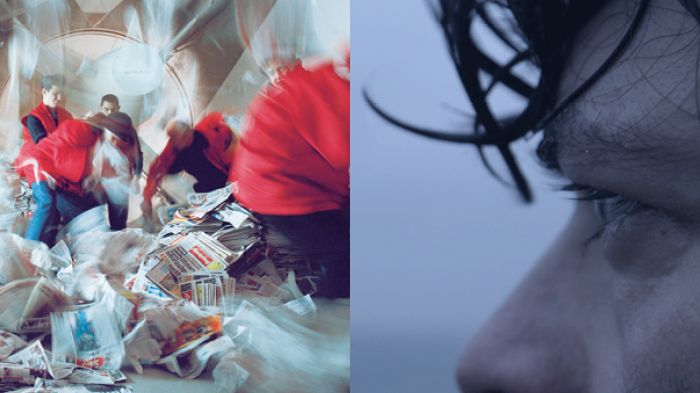 Till vänster: Julian Rosefeldt - Asylum (2001-2002). Till höger: Hanne Nielsen & Birgit Johnsen - Drifting (2014)