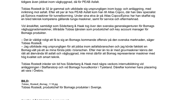 Tobias Rostedt produktchef  för Bomag i Sverige