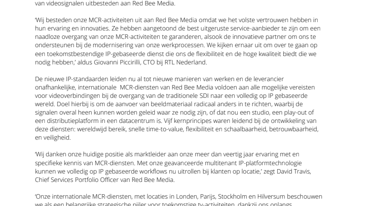 RED BEE MEDIA GAAT INNOVATIEVE MCR-DIENSTEN LEVEREN AAN RTL