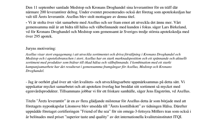 Axellus prisad som årets leverantör av Kronans droghandel och Medstop 