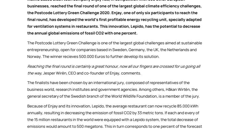 Swedish company Enjay reaches final round of global climate challenge