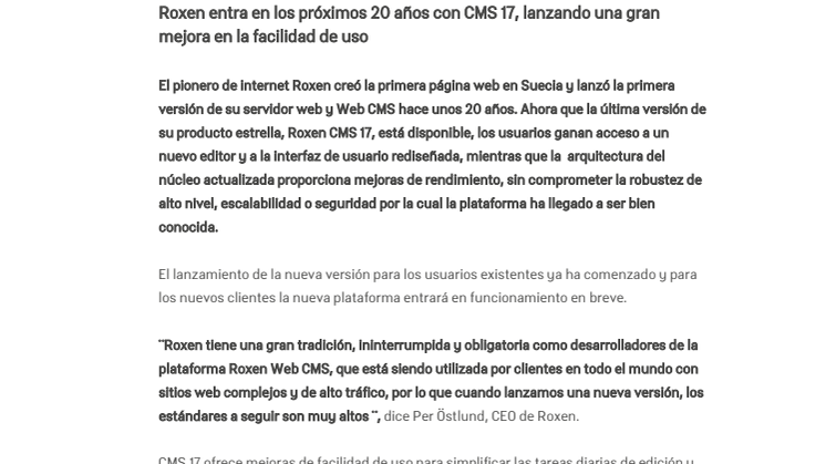 Roxen entra en los próximos 20 años con CMS 17, lanzando una gran mejora en la facilidad de uso
