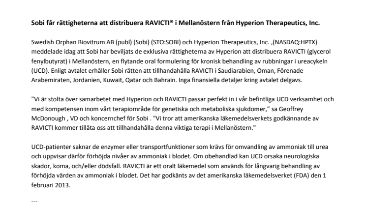 Sobi får rättigheterna att distribuera RAVICTI® i Mellanöstern från Hyperion Therapeutics, Inc.