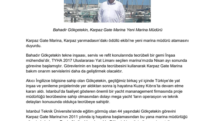 Karpaz Gate Marinada Yeni Marina Müdürü Atamasi