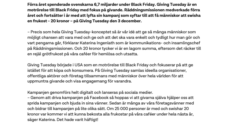 Räddningsmissionen samlar frukostar på Giving Tuesday