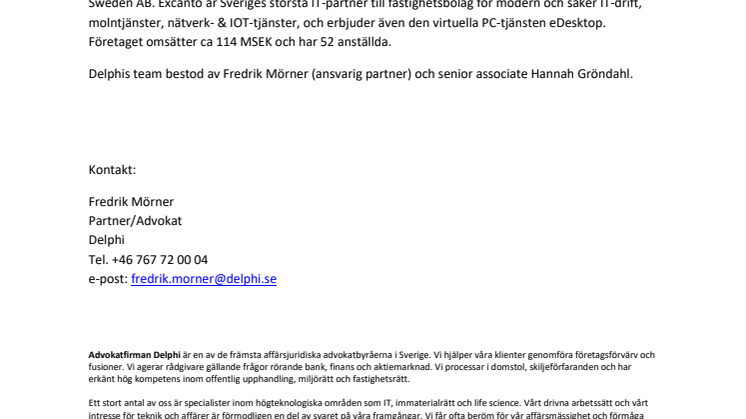 Delphi biträder vid försäljning av Excanto till TeleComputing