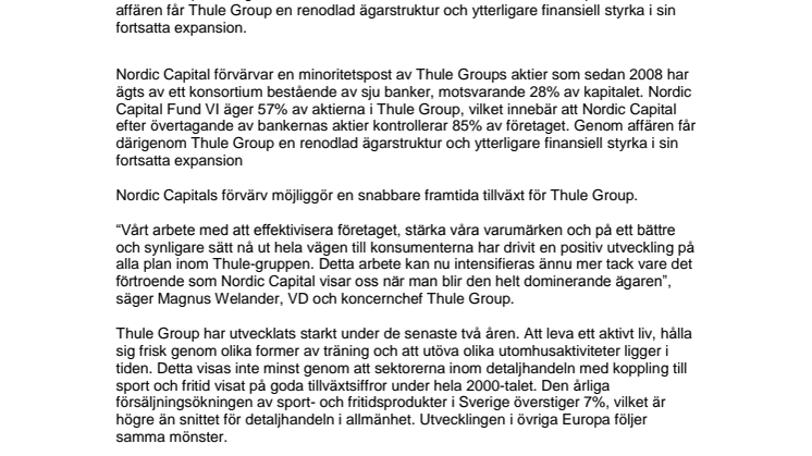 Nordic Capital ökar sitt ägande i Thule Group