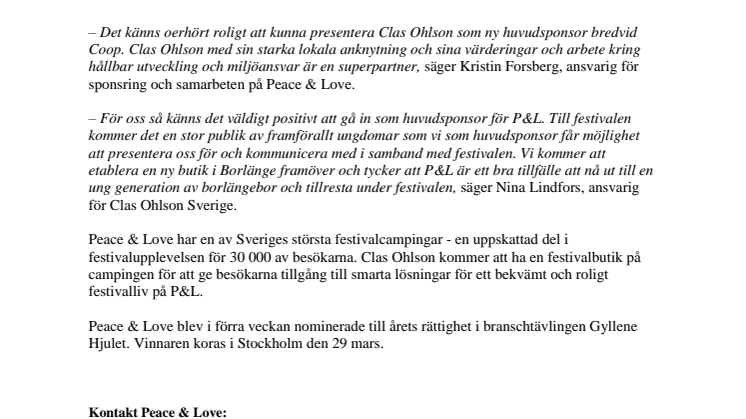 Clas Ohlson ny huvudsponsor till Peace & Love
